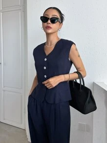 DAZY Button Front Vest Jacket & Wide Leg Trousers - Navy Blue - View 6