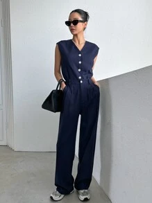 DAZY Button Front Vest Jacket & Wide Leg Trousers - Navy Blue - View 7