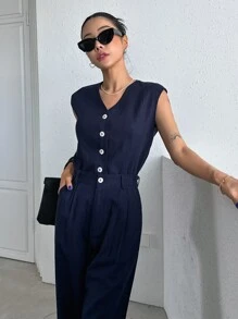 DAZY Button Front Vest Jacket & Wide Leg Trousers - Navy Blue - View 8