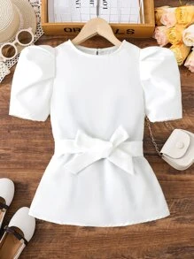 SHEIN Girls Puff Sleeve Belted Blouse - White - View 1
