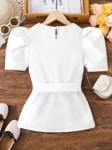 SHEIN Girls Puff Sleeve Belted Blouse - White - View 2