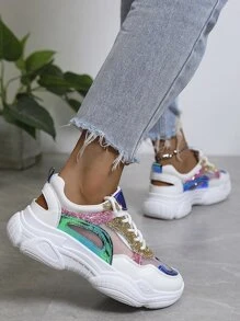 Color Block Lace-up Front Chunky Sneakers - Multicolor - View 1