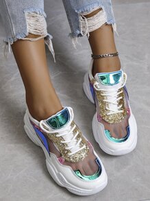 Color Block Lace-up Front Chunky Sneakers - Multicolor - View 4