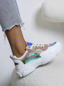 Color Block Lace-up Front Chunky Sneakers - Multicolor - View 5
