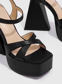 Cross Strap Heeled Ankle Strap Sandals - Black - View 3