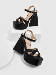 Cross Strap Heeled Ankle Strap Sandals - Black - View 4