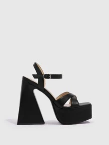 Cross Strap Heeled Ankle Strap Sandals - Black - View 5