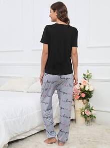 Conjunto de pijama con estampado de corazón y letra - Multicolor - Ver 2