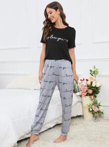 Conjunto de pijama con estampado de corazón y letra - Multicolor - Ver 4