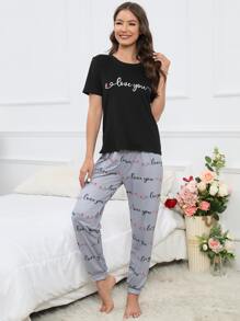 Conjunto de pijama con estampado de corazón y letra - Multicolor - Ver 5