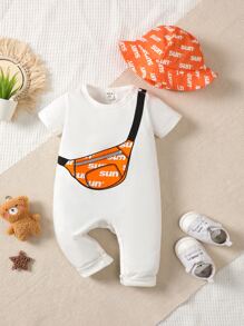 Baby Boy Bag & Letter Graphic Jumpsuit & Accessory Hat - White - View 1