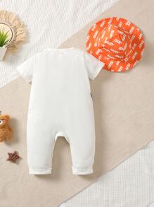 Baby Boy Bag & Letter Graphic Jumpsuit & Accessory Hat - White - View 2