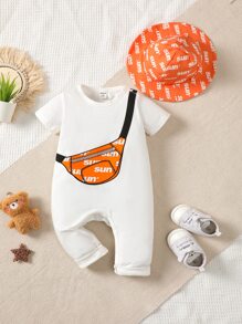 Baby Boy Bag & Letter Graphic Jumpsuit & Accessory Hat - White - View 3