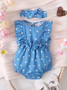嬰兒愛心圖案荷葉邊前蝴蝶結連體衣和配件髮箍 - 藍色 - 查看 1