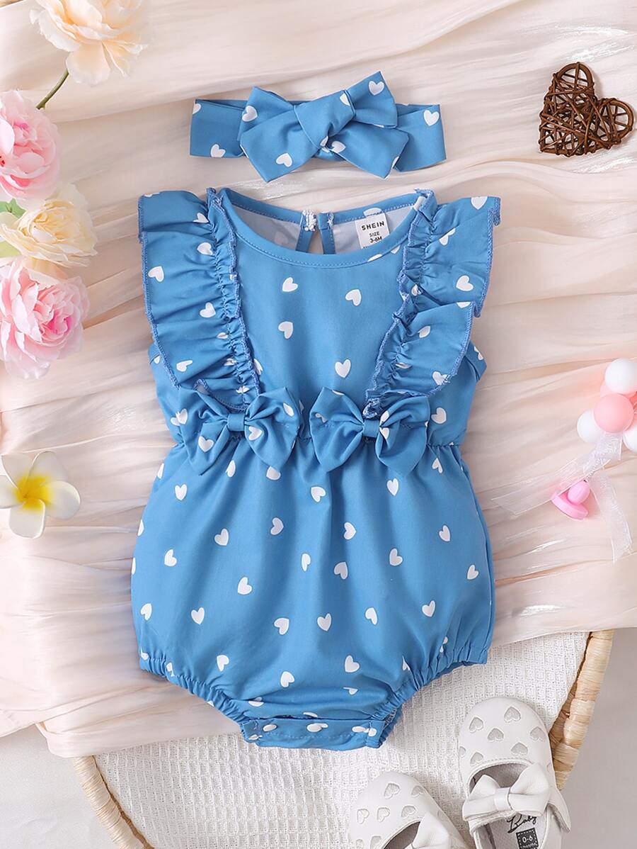 嬰兒愛心圖案荷葉邊前蝴蝶結連體衣和配件髮箍 - 藍色 - 查看 1