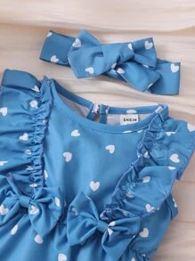 嬰兒愛心圖案荷葉邊前蝴蝶結連體衣和配件髮箍 - 藍色 - 查看 4