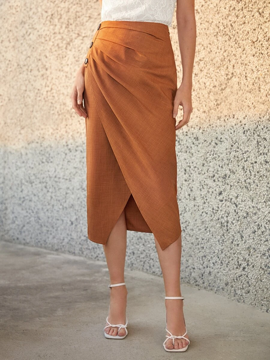 BizChic High Waist Wrap Skirt Workwear - Brown - View 1