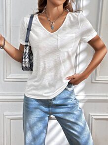 Muchica Áo thun nữ Túi màu trơn Giải trí - trắng - Xem 5