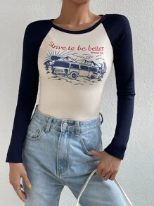 SHEIN EZwear Áo thun nữ Gân đan Khối Màu Slogan Giải trí - Xanh và trắng - Xem 4