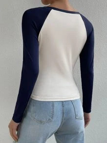 SHEIN EZwear Áo thun nữ Gân đan Khối Màu Slogan Giải trí - Xanh và trắng - Xem 2