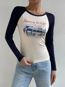 SHEIN EZwear Áo thun nữ Gân đan Khối Màu Slogan Giải trí - Xanh và trắng - Xem 7