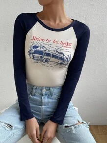 SHEIN EZwear Áo thun nữ Gân đan Khối Màu Slogan Giải trí - Xanh và trắng - Xem 5