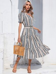 SHEIN LUNE Geo Print One Shoulder Puff Sleeve Ruffle Hem Dress - Multicolor - View 5