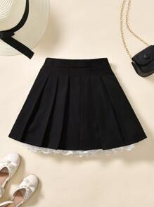 Girls Contrast Lace Trim Pleated Skirt - Black - View 1