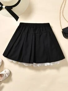 Girls Contrast Lace Trim Pleated Skirt - Black - View 2