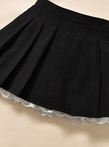 Girls Contrast Lace Trim Pleated Skirt - Black - View 5