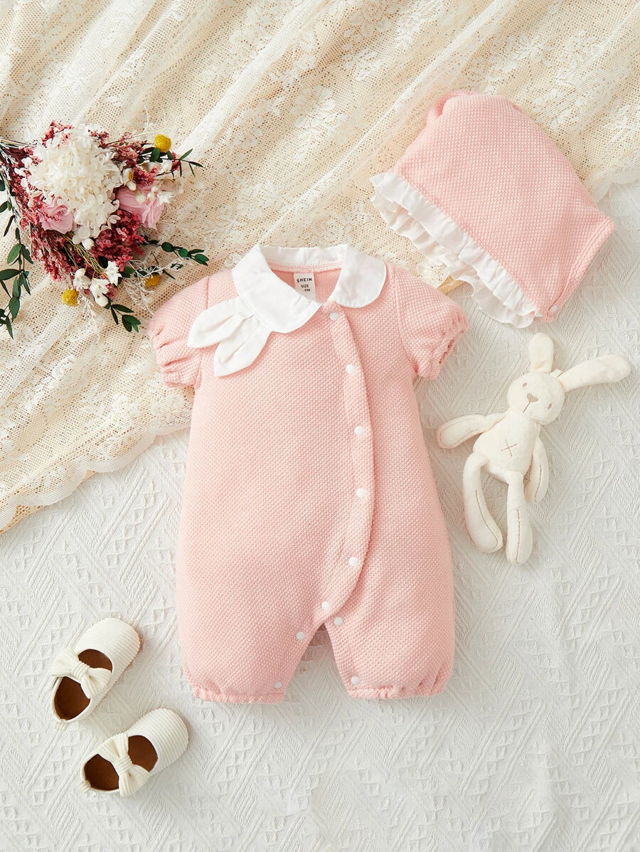 Baby Ruffle Trim Romper & Accessory Hat - Pink - View 1