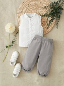 Baby Boy Button Front Sleeveless Shirt & Trousers - Multicolor - View 1