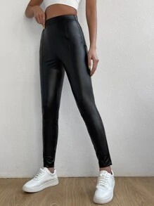 SHEIN Privé High Waist PU Leggings - Black - View 5