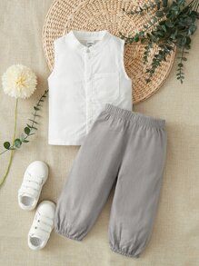 Baby Boy Button Front Sleeveless Shirt & Trousers - Multicolor - View 7