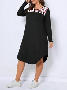 SHEIN LUNE Plus Geo Print Curved Hem Tee Dress - Black - View 1