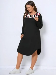 SHEIN LUNE Plus Geo Print Curved Hem Tee Dress - Black - View 5