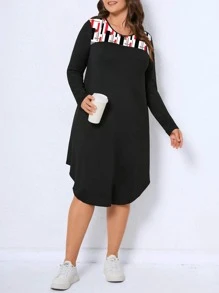 SHEIN LUNE Plus Geo Print Curved Hem Tee Dress - Black - View 6