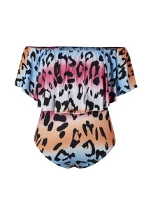 SHEIN Holidaya Plus Leopard Print Off Shoulder Bodysuit - Multicolor - View 1