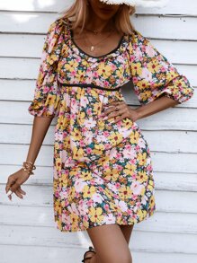 GENKIRA Allover Floral Print Puff Sleeve Dress - Multicolor - View 1