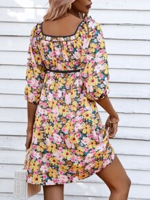 GENKIRA Allover Floral Print Puff Sleeve Dress - Multicolor - View 2