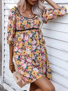 GENKIRA Allover Floral Print Puff Sleeve Dress - Multicolor - View 3