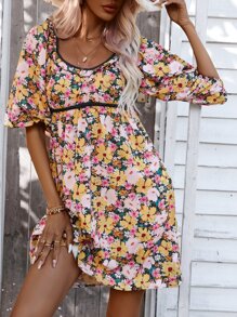 GENKIRA Allover Floral Print Puff Sleeve Dress - Multicolor - View 5