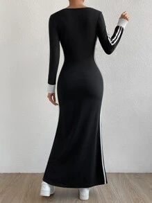 SHEIN EZwear 拼接邊V領連衣裙 - 黑色 - 查看 2