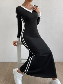 SHEIN EZwear 拼接邊V領連衣裙 - 黑色 - 查看 3