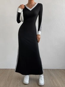 SHEIN EZwear 拼接邊V領連衣裙 - 黑色 - 查看 4