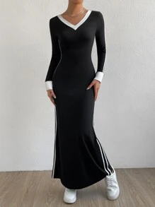 SHEIN EZwear 拼接邊V領連衣裙 - 黑色 - 查看 5