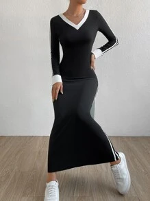 SHEIN EZwear 拼接邊V領連衣裙 - 黑色 - 查看 6