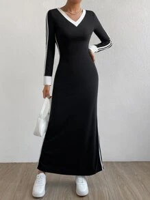 SHEIN EZwear 拼接邊V領連衣裙 - 黑色 - 查看 7