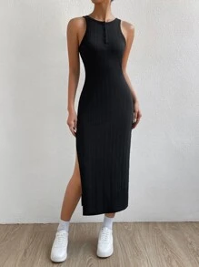 SHEIN Essnce 後鏤空高衩背心連衣裙 - 黑色 - 查看 2