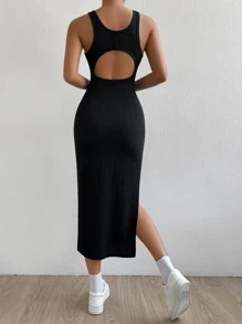 SHEIN Essnce 後鏤空高衩背心連衣裙 - 黑色 - 查看 1